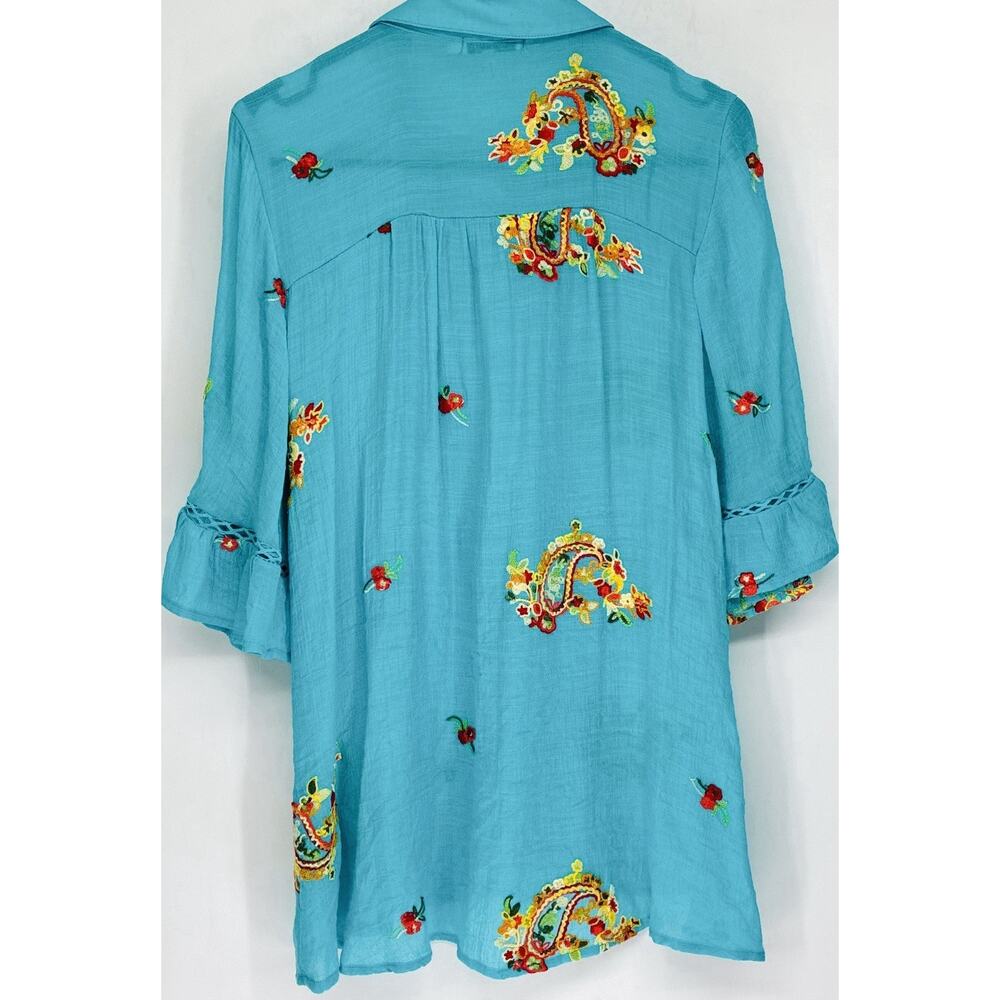 Figueroa & Flower XL Turquoise Embroidered Paisley Gauze Boho Btn Frnt Bell Slv - Picture 4 of 8